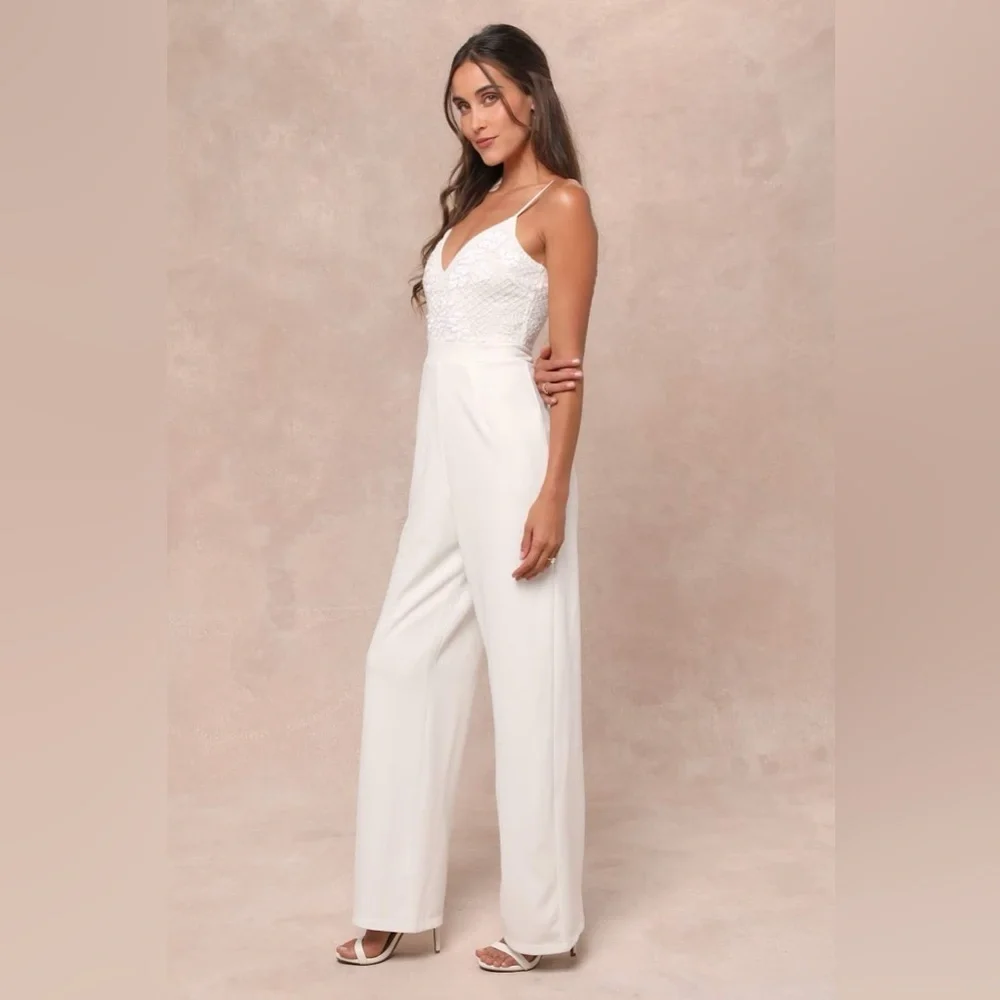 LULU’S Memorable Occasion White Beaded Sequin Wide-Leg Jumpsuit